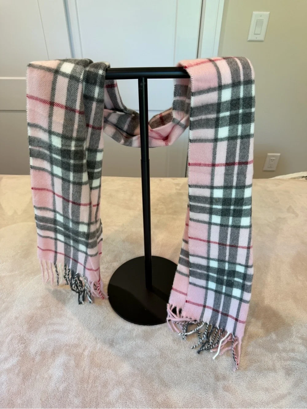 Plaid Pink and Gray Fringe Scarf - Made in Italy
